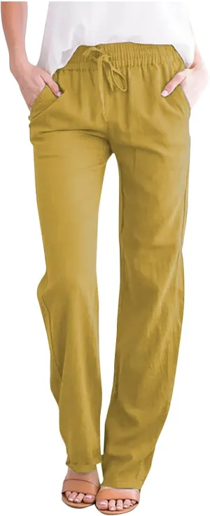Womens Casual Summer Linen Pants Drawstring Comfy Loose Fit Trousers with Side Pockets Beach Travel Vacation Outfits