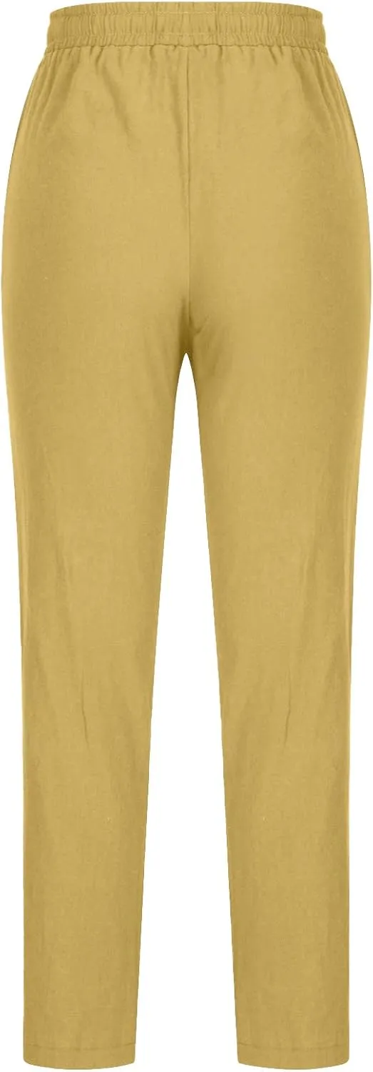 Womens Casual Summer Linen Pants Drawstring Comfy Loose Fit Trousers with Side Pockets Beach Travel Vacation Outfits