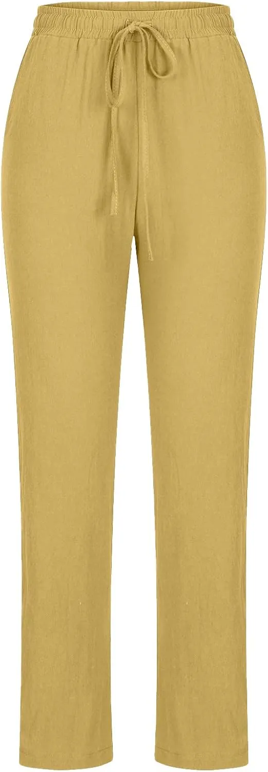 Womens Casual Summer Linen Pants Drawstring Comfy Loose Fit Trousers with Side Pockets Beach Travel Vacation Outfits