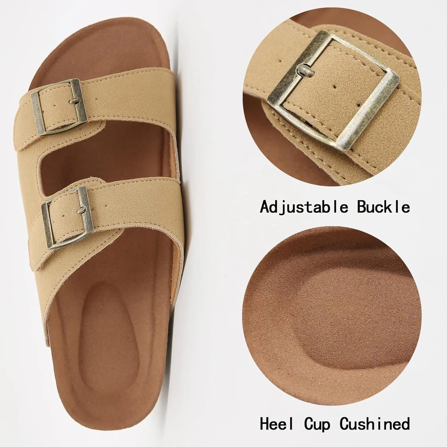 Womens Cork Footbed Slide Sandals, Open Toe Slides Sandals Adjustable Buckle Summer Beach Sandals with Arch Support
