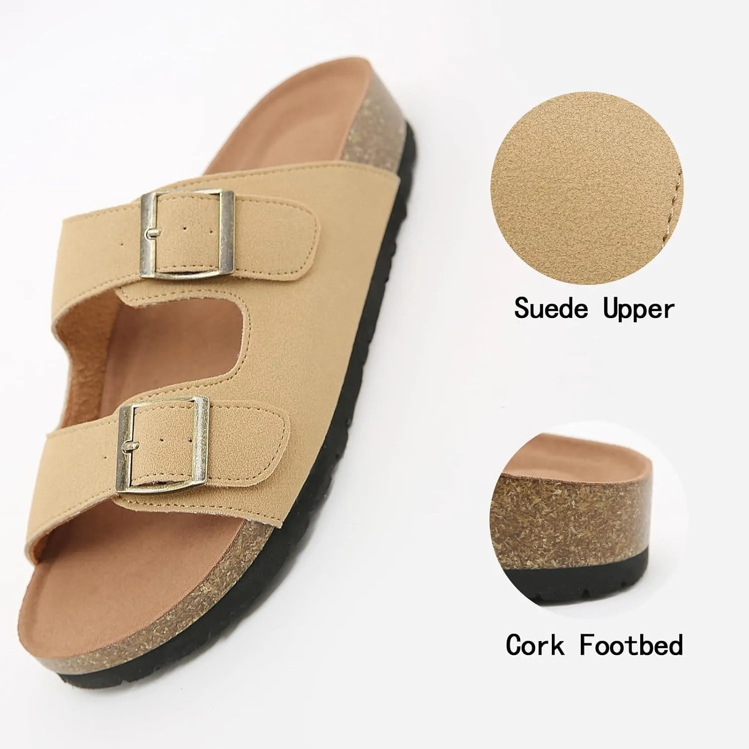 Womens Cork Footbed Slide Sandals, Open Toe Slides Sandals Adjustable Buckle Summer Beach Sandals with Arch Support