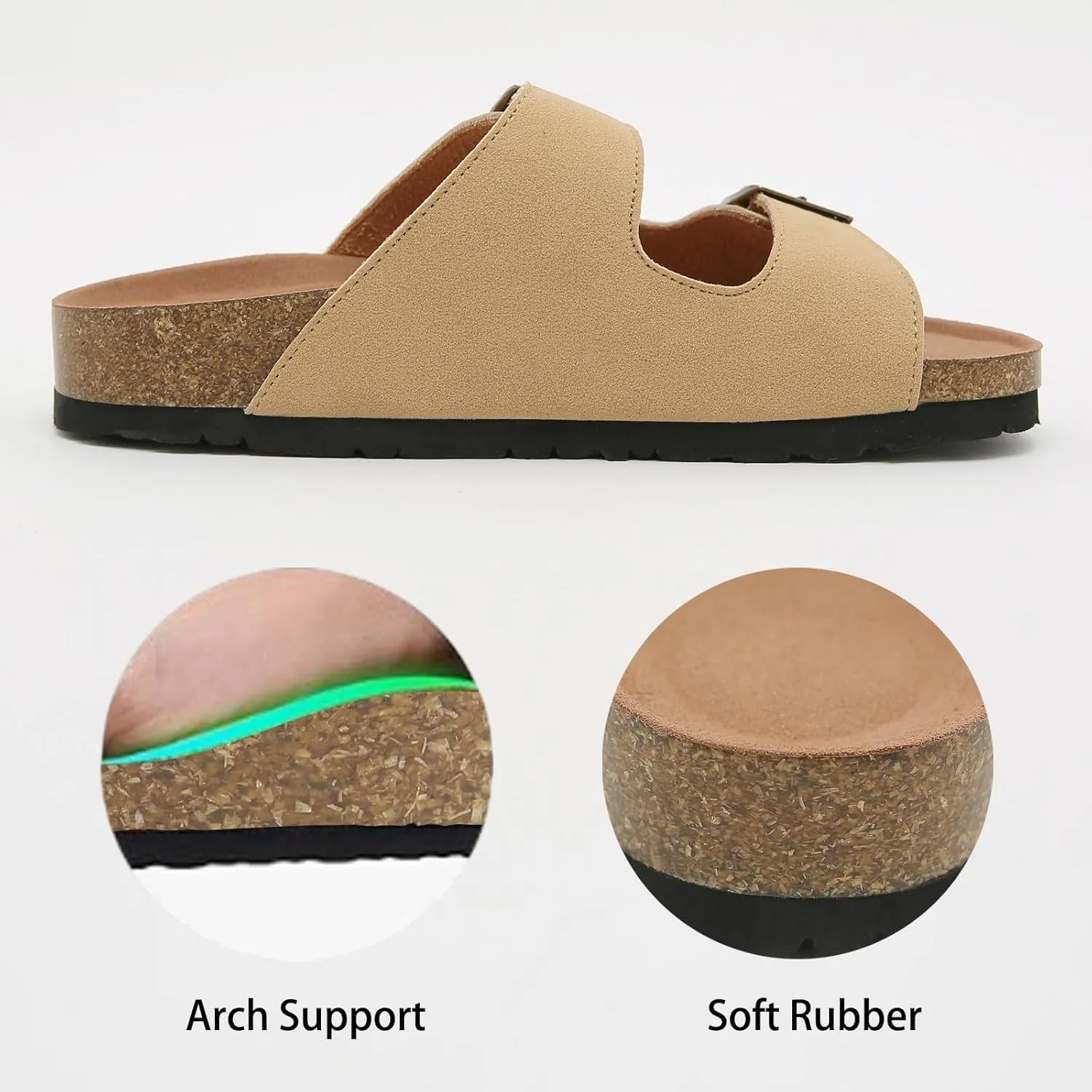Womens Cork Footbed Slide Sandals, Open Toe Slides Sandals Adjustable Buckle Summer Beach Sandals with Arch Support