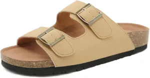 Womens Cork Footbed Slide Sandals, Open Toe Slides Sandals Adjustable Buckle Summer Beach Sandals with Arch Support