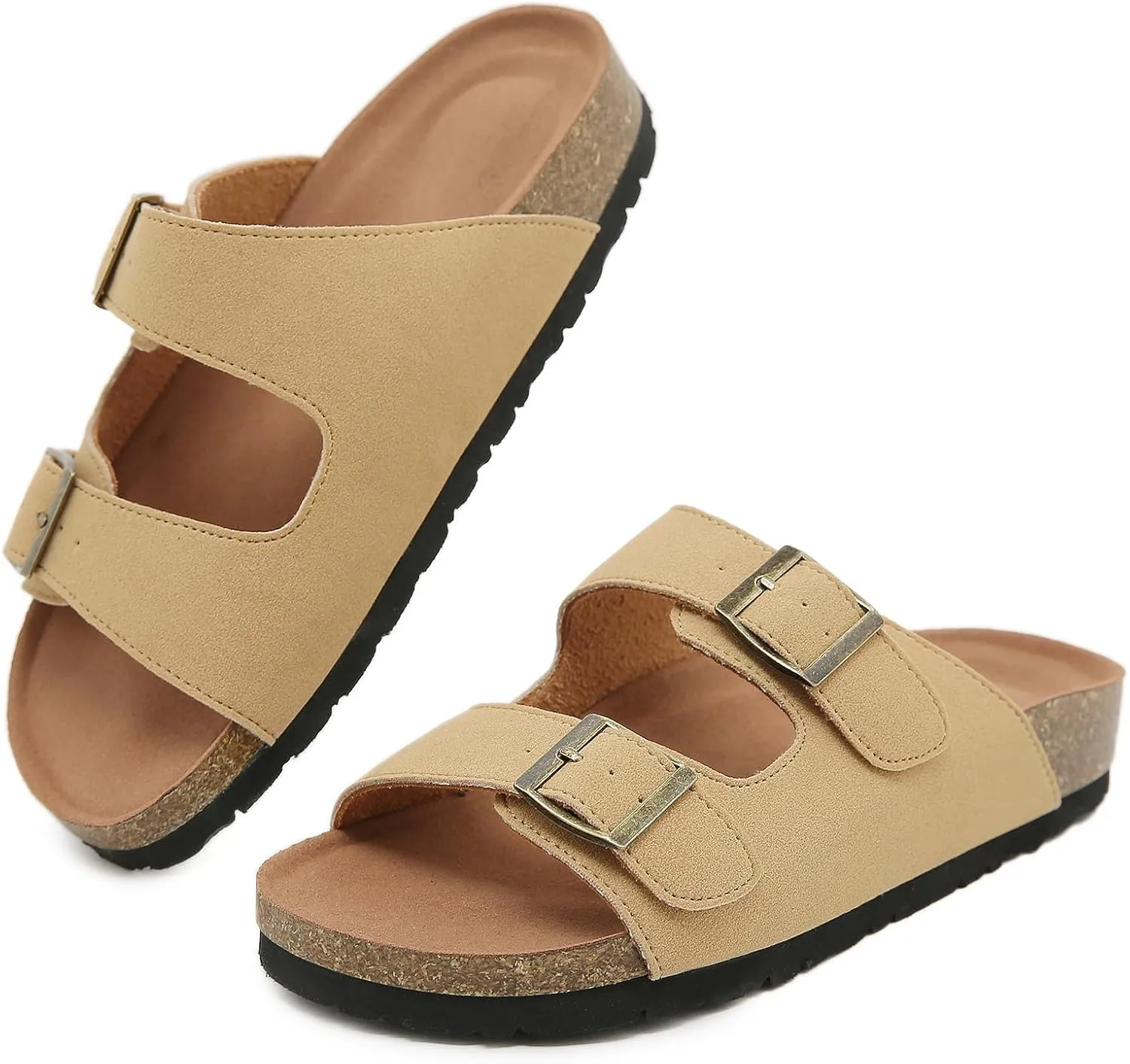 Womens Cork Footbed Slide Sandals, Open Toe Slides Sandals Adjustable Buckle Summer Beach Sandals with Arch Support
