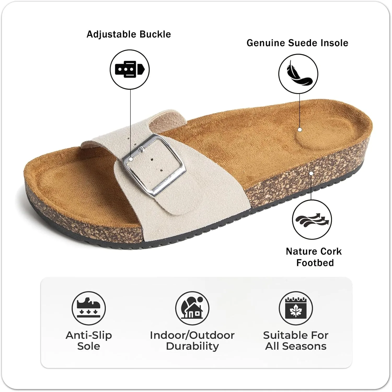 Women's Cork Footed Sandals Women Dressy Summer Beach Essentials Genuine Leather Sandals with Adjustable Buckle Comfortable Arch Support Women's Footwear