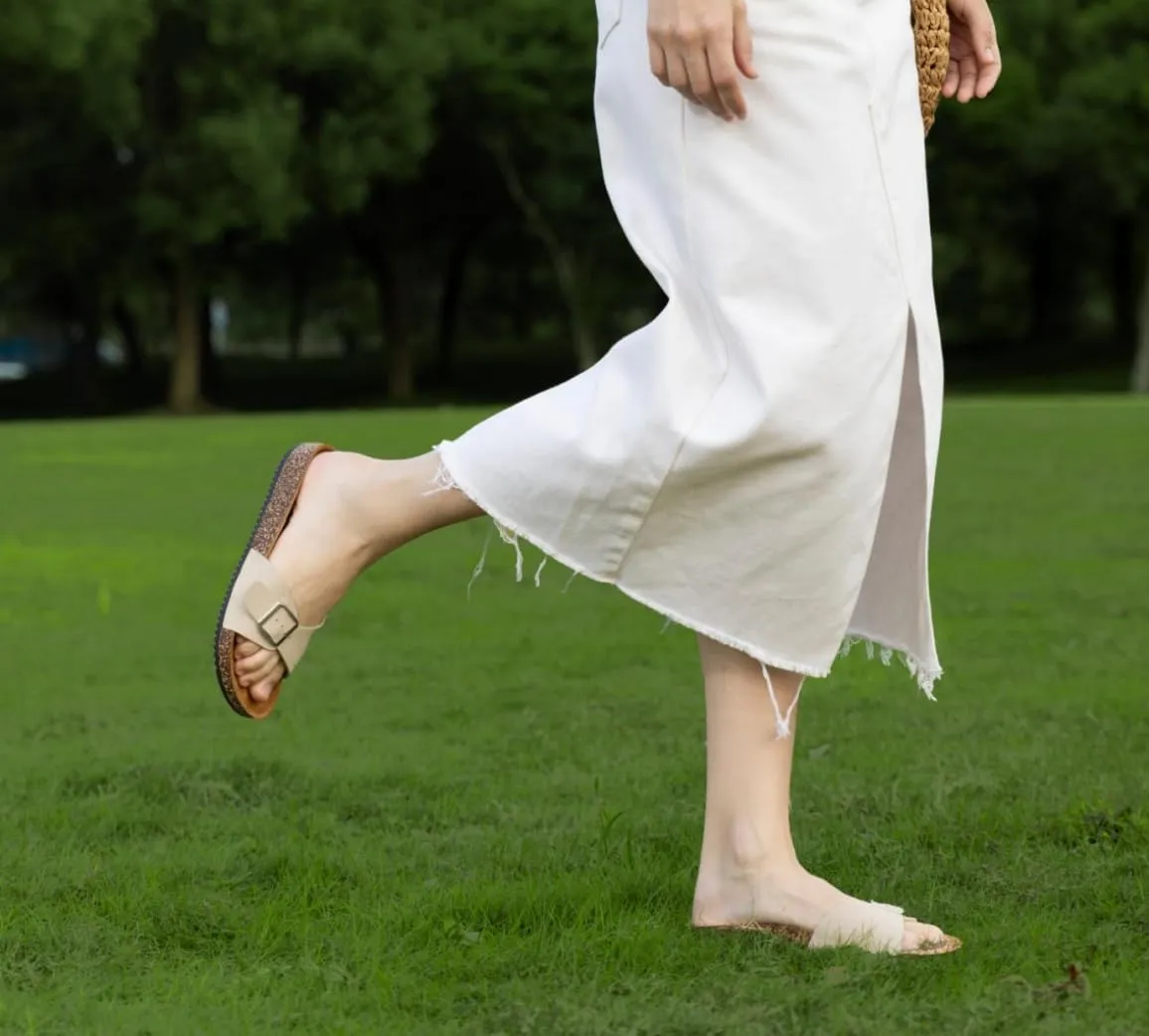 Women's Cork Footed Sandals Women Dressy Summer Beach Essentials Genuine Leather Sandals with Adjustable Buckle Comfortable Arch Support Women's Footwear