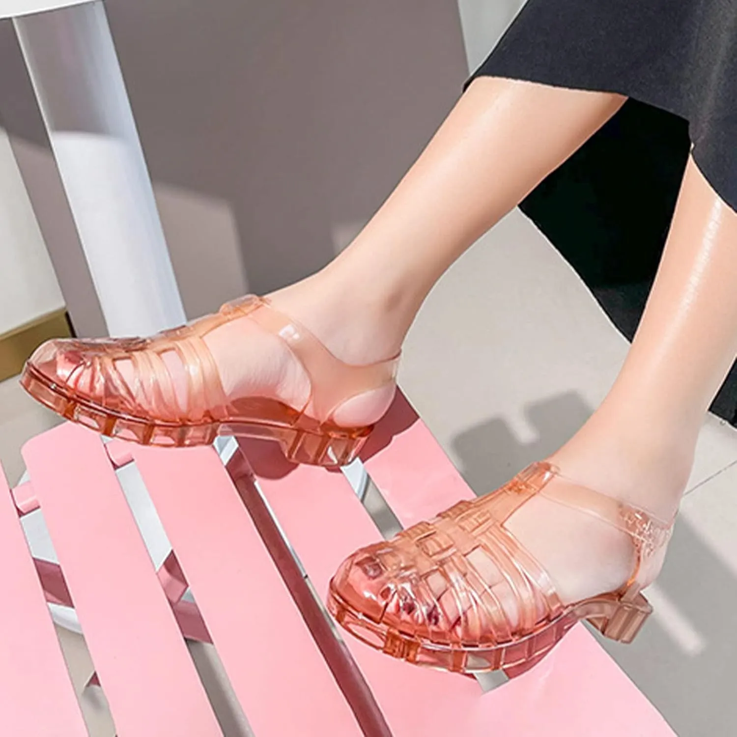 Women's Crystal Jelly Low Heel Sandals,Summer New Closed Toe Slingback Ankle Strap Sheer Soft Fisherman Beach Shoes