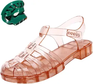Women's Crystal Jelly Low Heel Sandals,Summer New Closed Toe Slingback Ankle Strap Sheer Soft Fisherman Beach Shoes