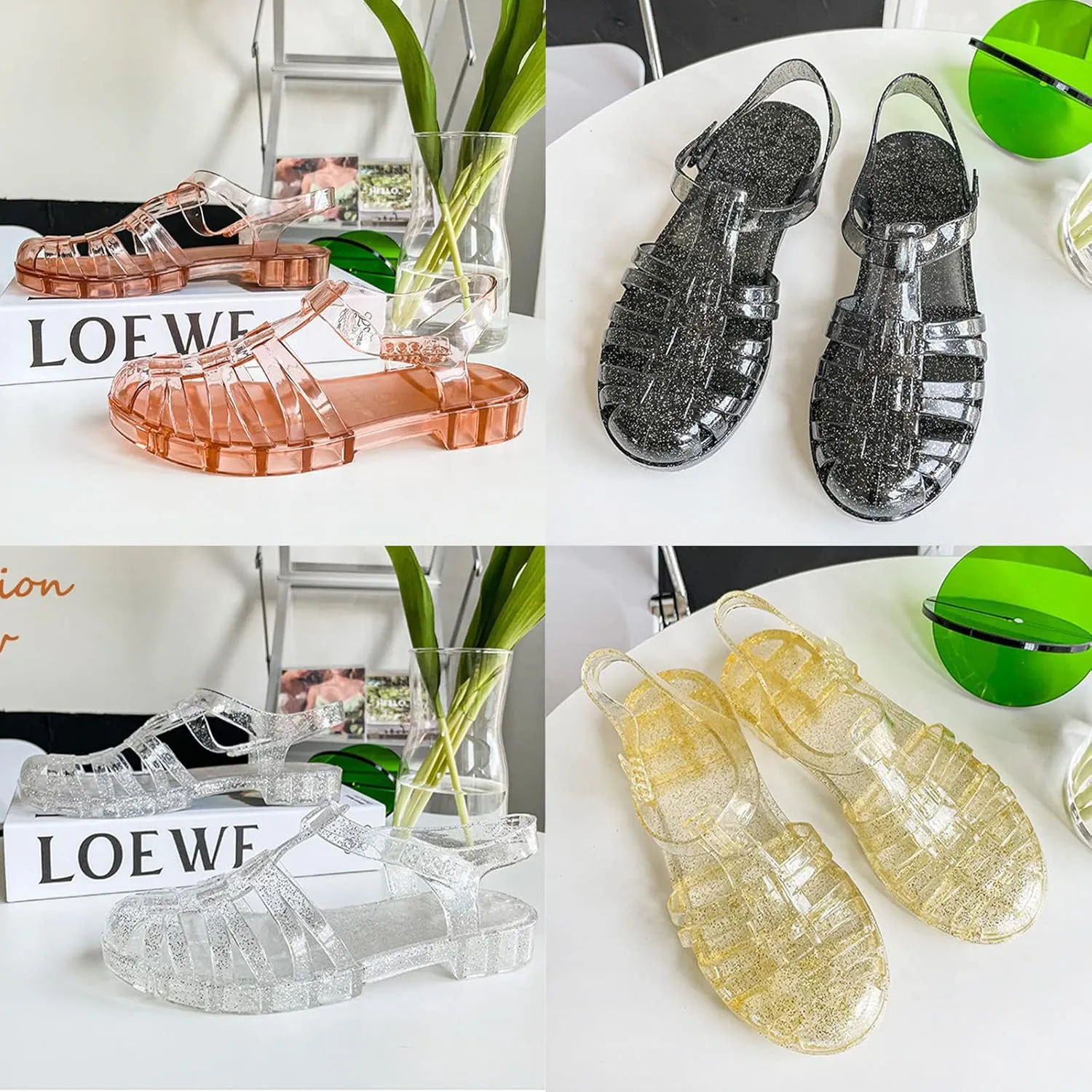 Women's Crystal Jelly Low Heel Sandals,Summer New Closed Toe Slingback Ankle Strap Sheer Soft Fisherman Beach Shoes