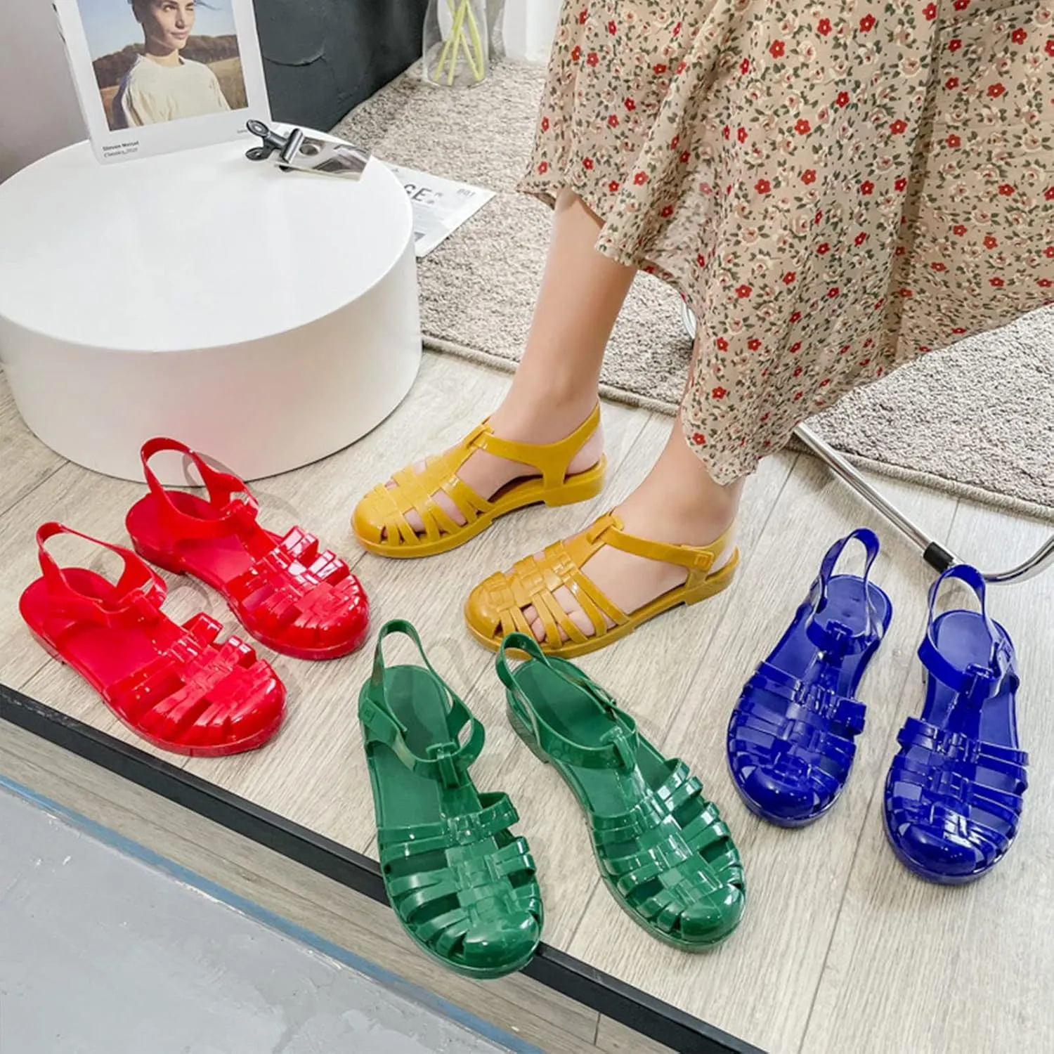 Women's Crystal Jelly Low Heel Sandals,Summer New Closed Toe Slingback Ankle Strap Sheer Soft Fisherman Beach Shoes