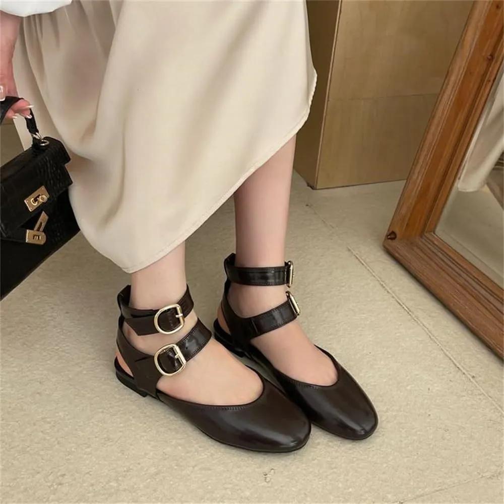 Women's Double Buckled Slingback Ballet Flats Round Toe Ankle Strap Dress Flat Shoes