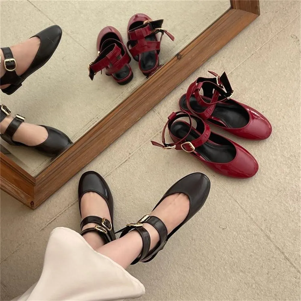 Women's Double Buckled Slingback Ballet Flats Round Toe Ankle Strap Dress Flat Shoes