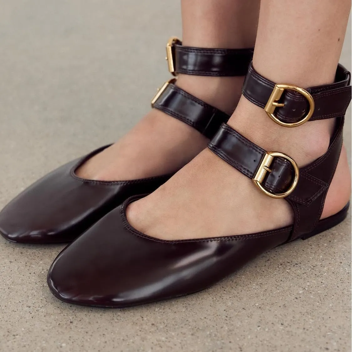 Women's Double Buckled Slingback Ballet Flats Round Toe Ankle Strap Dress Flat Shoes