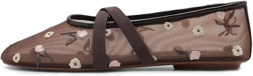 Women's Embroidered Flowers Ballerina Shoes Round Toe Breathable Mesh Ballet Flats with Elastic Cross Strips Summer Casual Flat Shoes