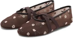 Women's Embroidered Flowers Ballerina Shoes Round Toe Breathable Mesh Ballet Flats with Elastic Cross Strips Summer Casual Flat Shoes
