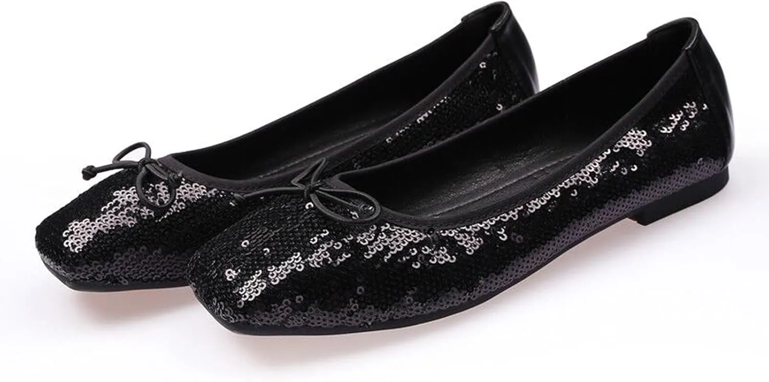 Women's Fashion French Slip on Flats,Retro Square-Toe Bow Ballet Shoes Solid Classic Color-Blocking Soft Comfortable Flat Shoes