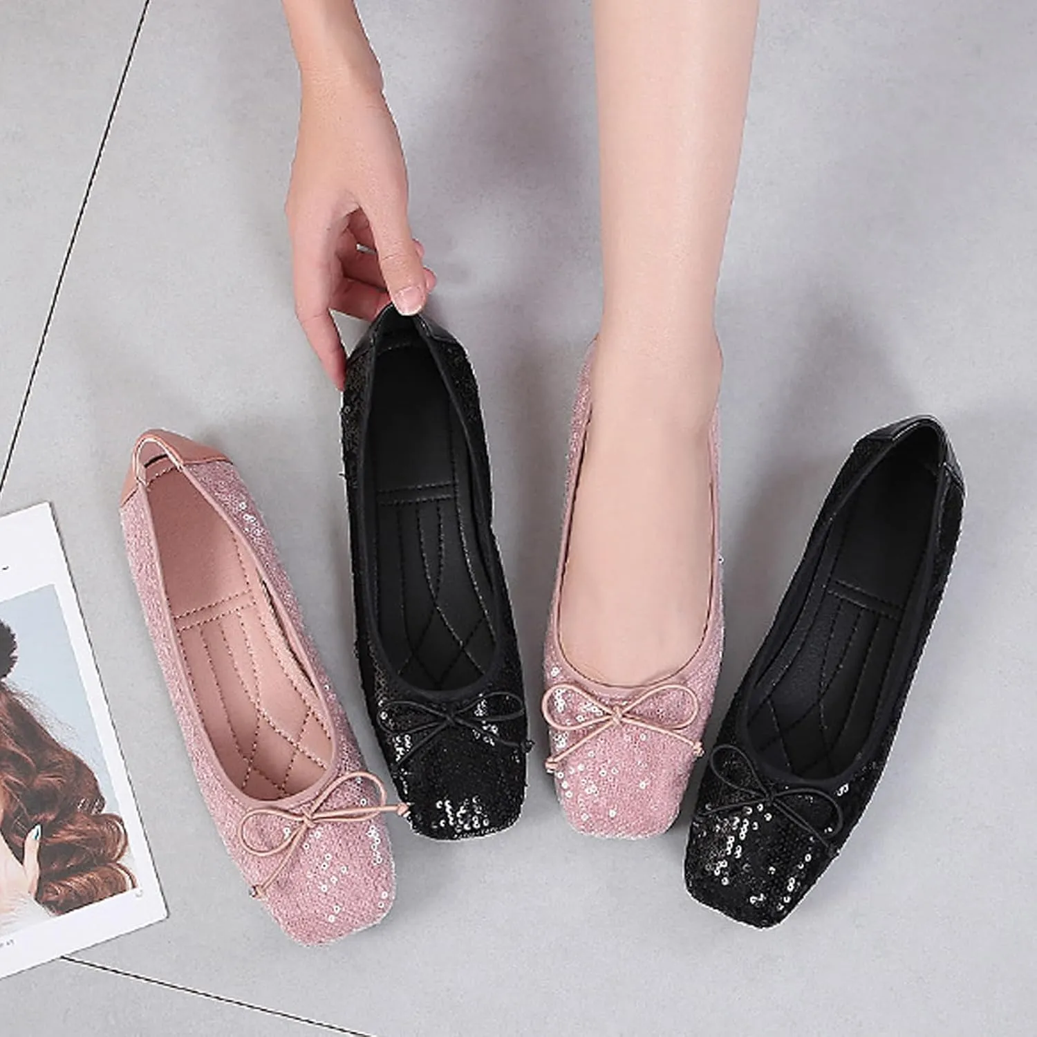 Women's Fashion French Slip on Flats,Retro Square-Toe Bow Ballet Shoes Solid Classic Color-Blocking Soft Comfortable Flat Shoes