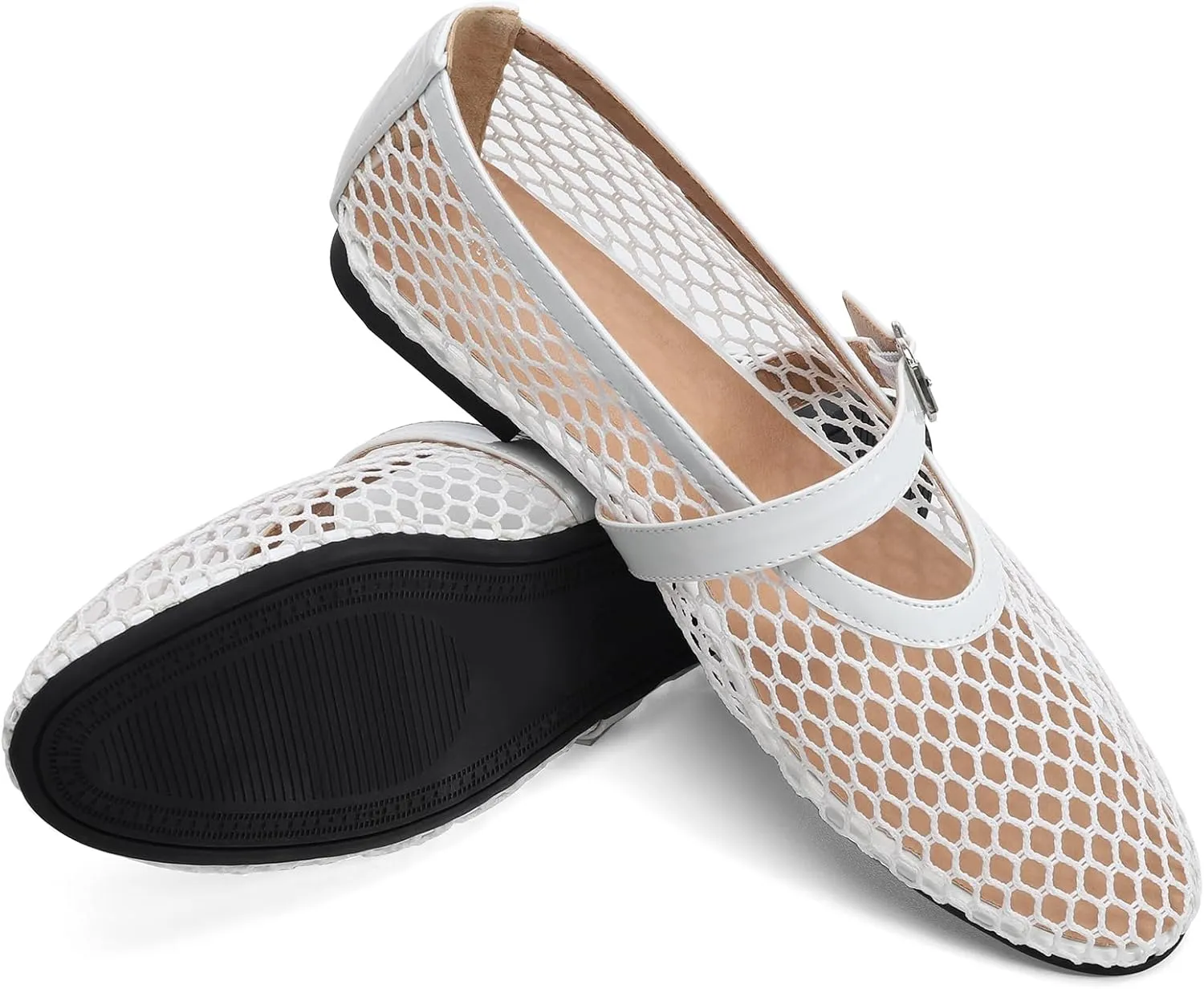Women's Fishnet Mesh Ballet Flats with Buckle, Slip-On Dress Mary Jane Flats for Women, Elegant Lightweight Ballerina Shoes, Breathable Comfortable Wedding Party Shoe, Stylish Casual Footwear
