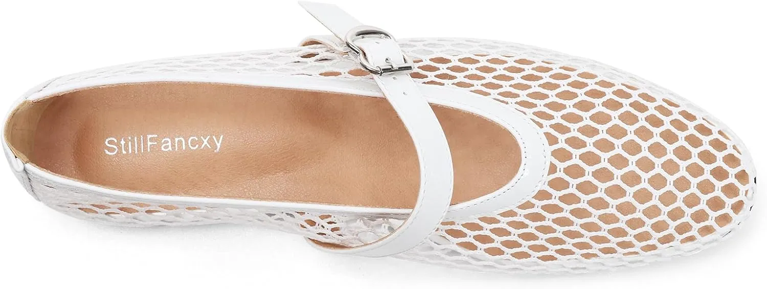 Women's Fishnet Mesh Ballet Flats with Buckle, Slip-On Dress Mary Jane Flats for Women, Elegant Lightweight Ballerina Shoes, Breathable Comfortable Wedding Party Shoe, Stylish Casual Footwear