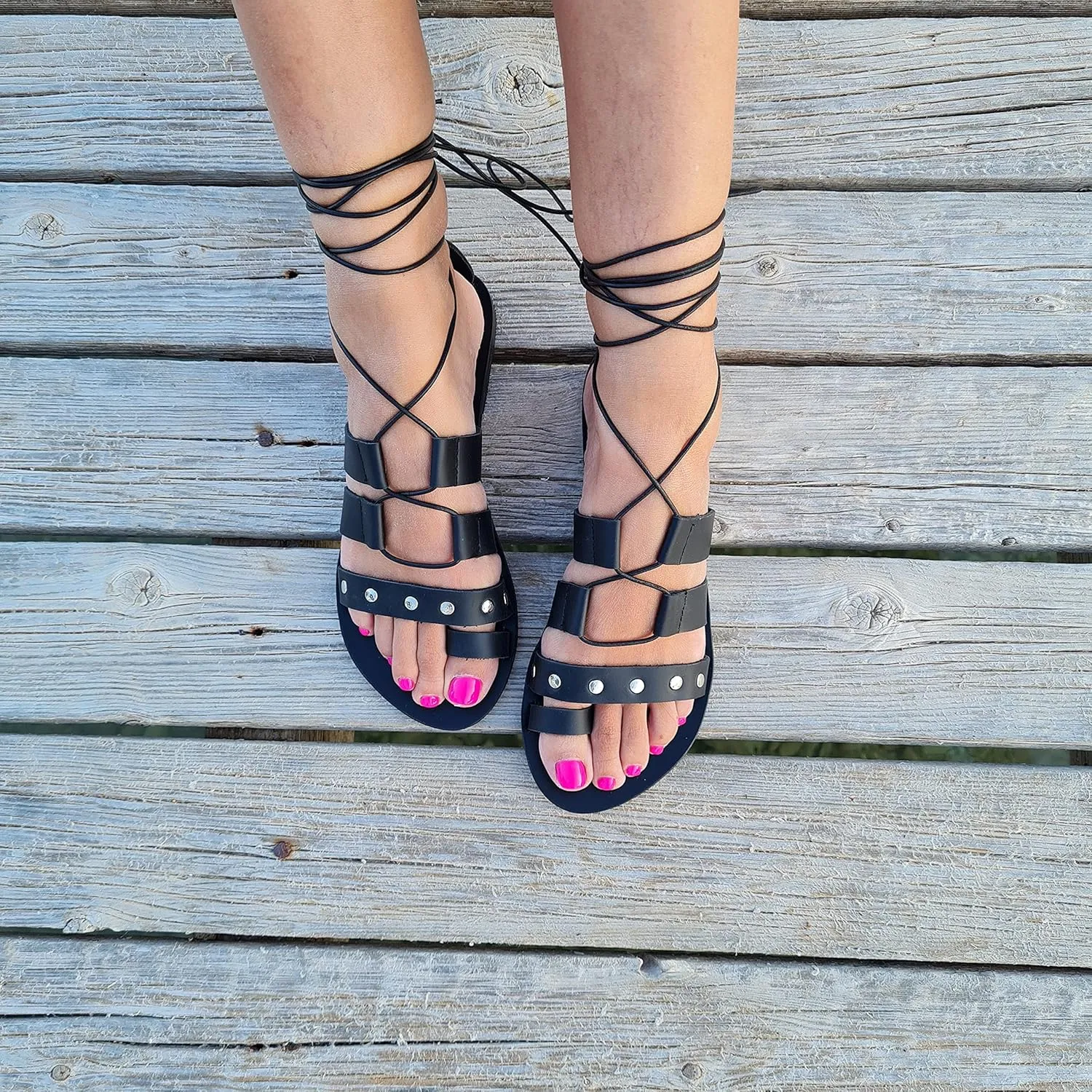 Women's Flat Sandals, Lace up Studded Sandals Gladiator Sandals Handmade of real leather (US 10, Black)