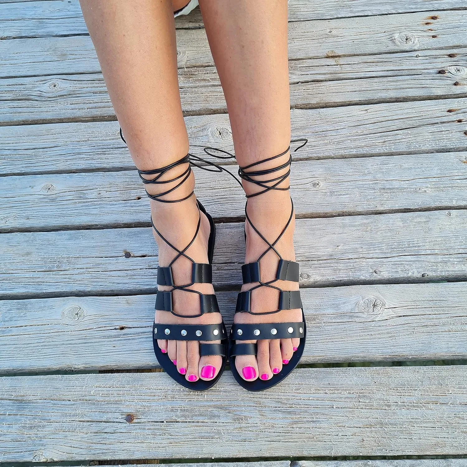 Women's Flat Sandals, Lace up Studded Sandals Gladiator Sandals Handmade of real leather (US 10, Black)