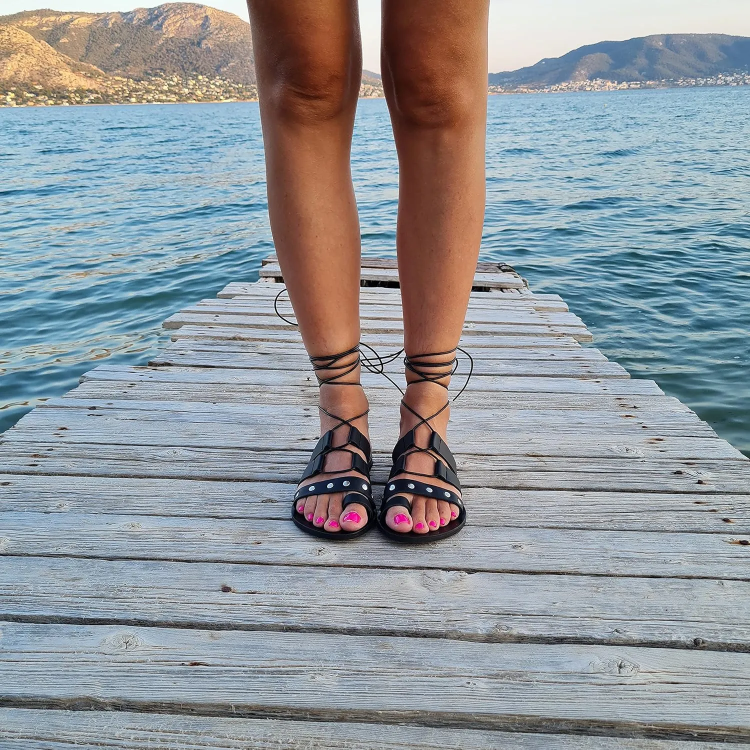 Women's Flat Sandals, Lace up Studded Sandals Gladiator Sandals Handmade of real leather (US 10, Black)