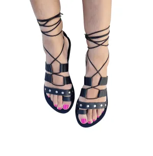 Women's Flat Sandals, Lace up Studded Sandals Gladiator Sandals Handmade of real leather (US 10, Black)