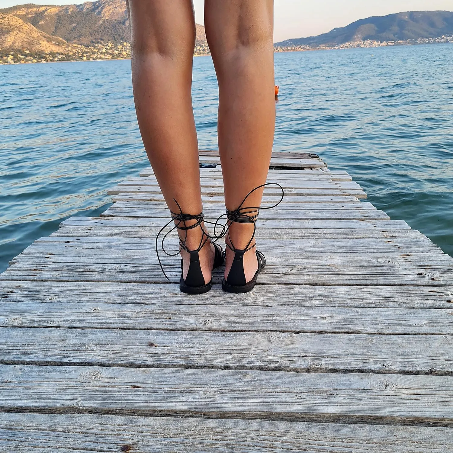 Women's Flat Sandals, Lace up Studded Sandals Gladiator Sandals Handmade of real leather (US 10, Black)