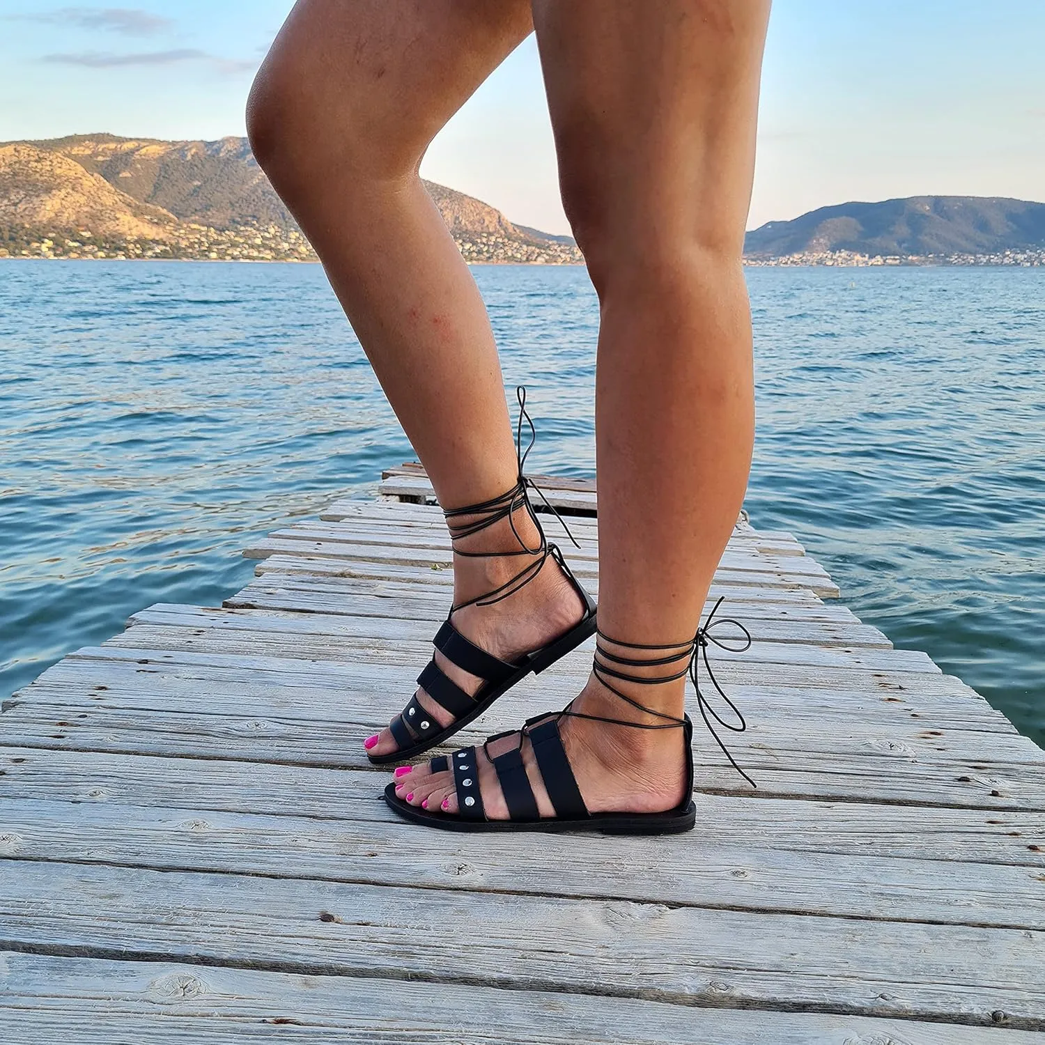 Women's Flat Sandals, Lace up Studded Sandals Gladiator Sandals Handmade of real leather (US 10, Black)