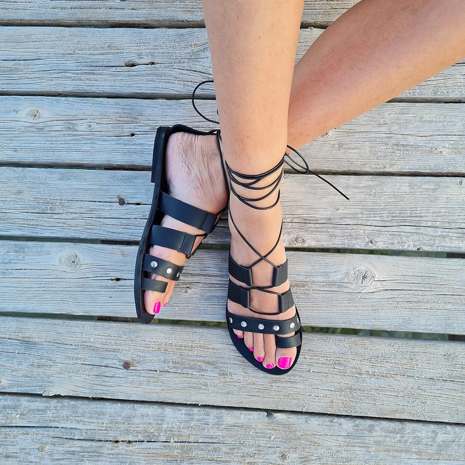 Women's Flat Sandals, Lace up Studded Sandals Gladiator Sandals Handmade of real leather (US 10, Black)
