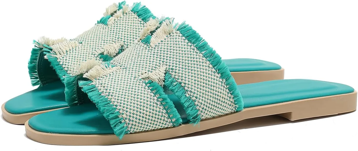 Women's Flat Slide Sandals Square Open Toe Flat Sandals Summer Flats Casual Slip on Fringe Trim