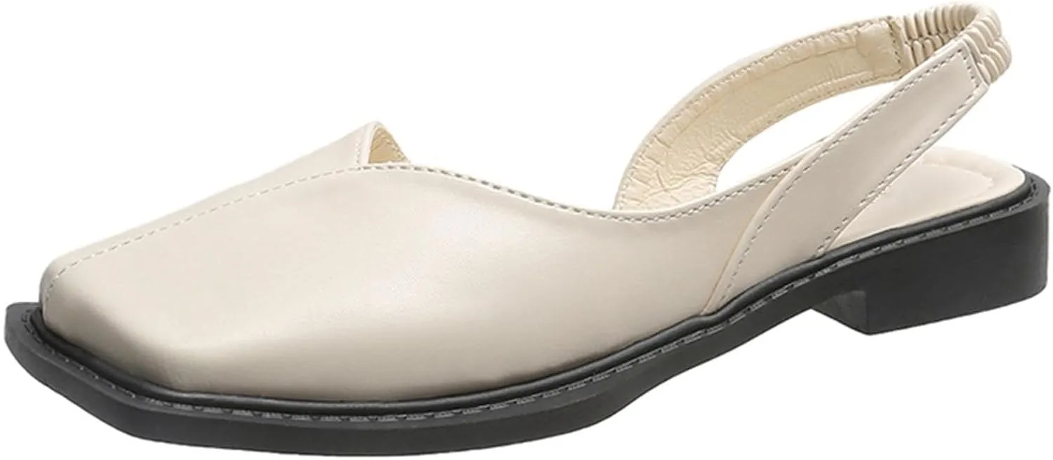 Women's Flats Shoes Square Toe Slingback Flats Adjustable Strap Flats Sandals Slip on Casual Flats Shoes Leather Dress Shoes for Wedding