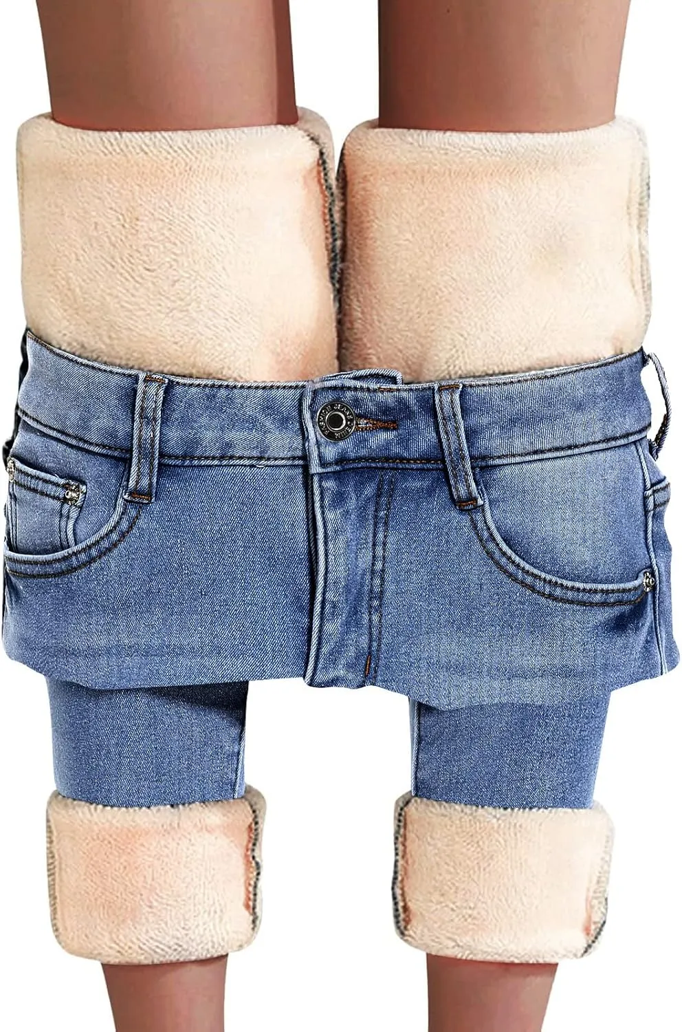 Women's Fleece Lined Jeans Thermal Flannel Lined Jeans Winter Warm Thicken Skinny Stretch Denim Pants