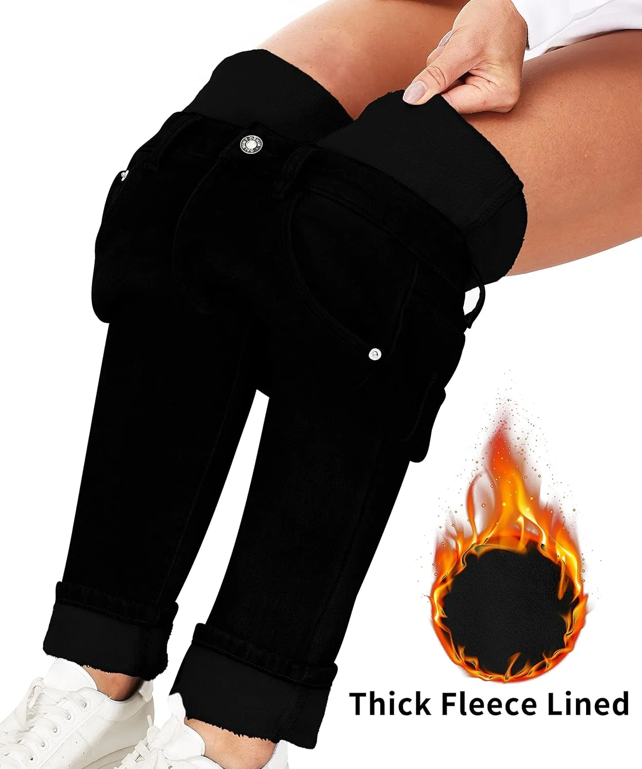 Women's Fleece Lined Jeans Thermal Flannel Lined Jeans Winter Warm Thicken Skinny Stretch Denim Pants