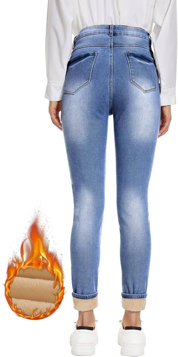 Women's Fleece Lined Jeans Thermal Flannel Lined Jeans Winter Warm Thicken Skinny Stretch Denim Pants