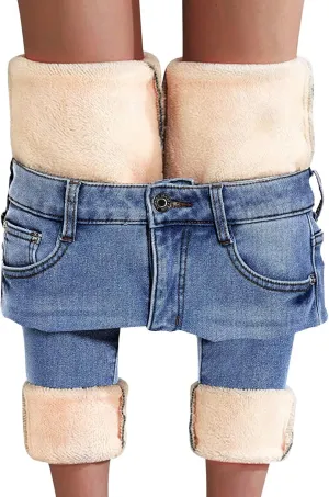 Women's Fleece Lined Jeans Thermal Flannel Lined Jeans Winter Warm Thicken Skinny Stretch Denim Pants