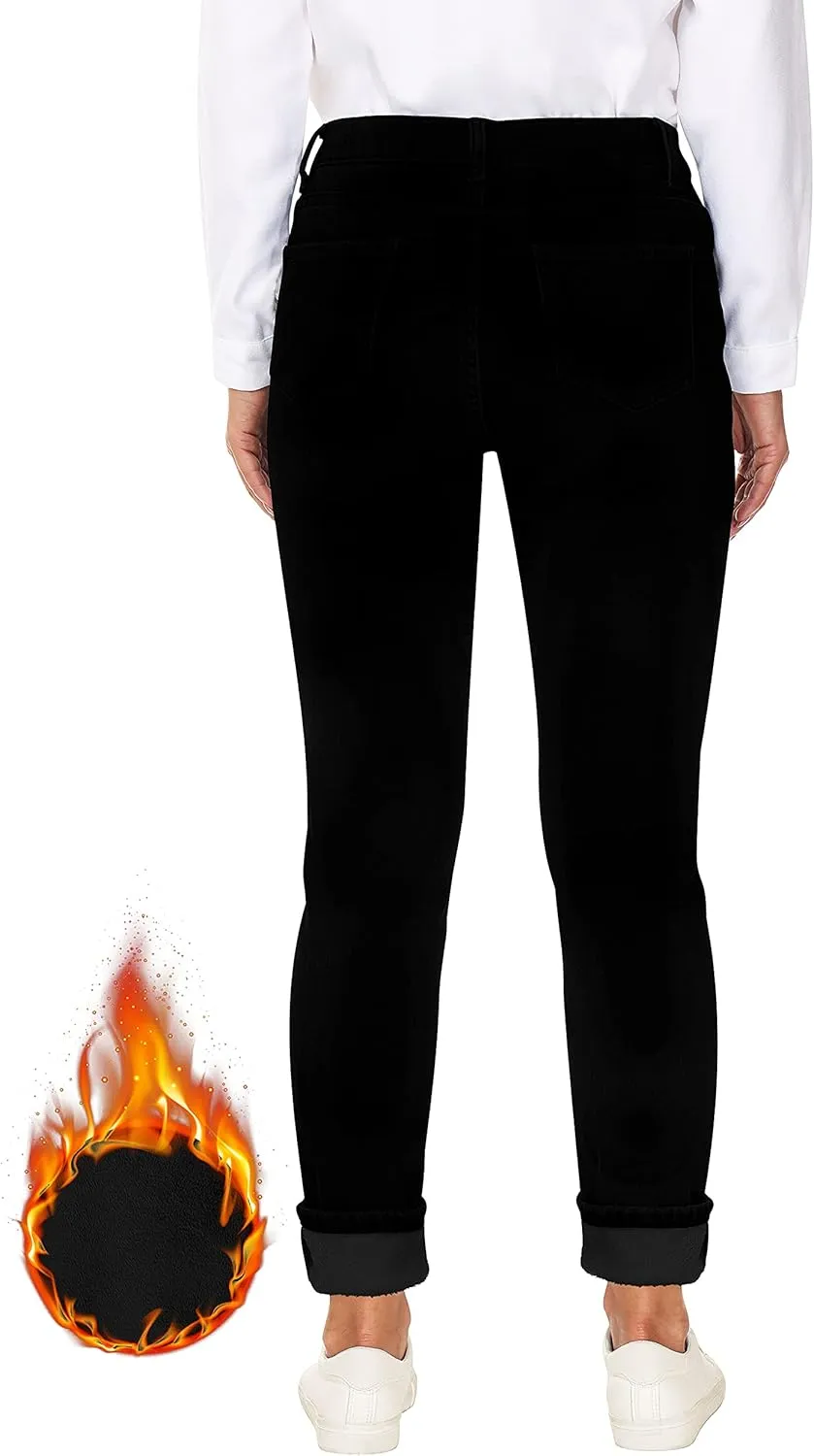 Women's Fleece Lined Jeans Thermal Flannel Lined Jeans Winter Warm Thicken Skinny Stretch Denim Pants