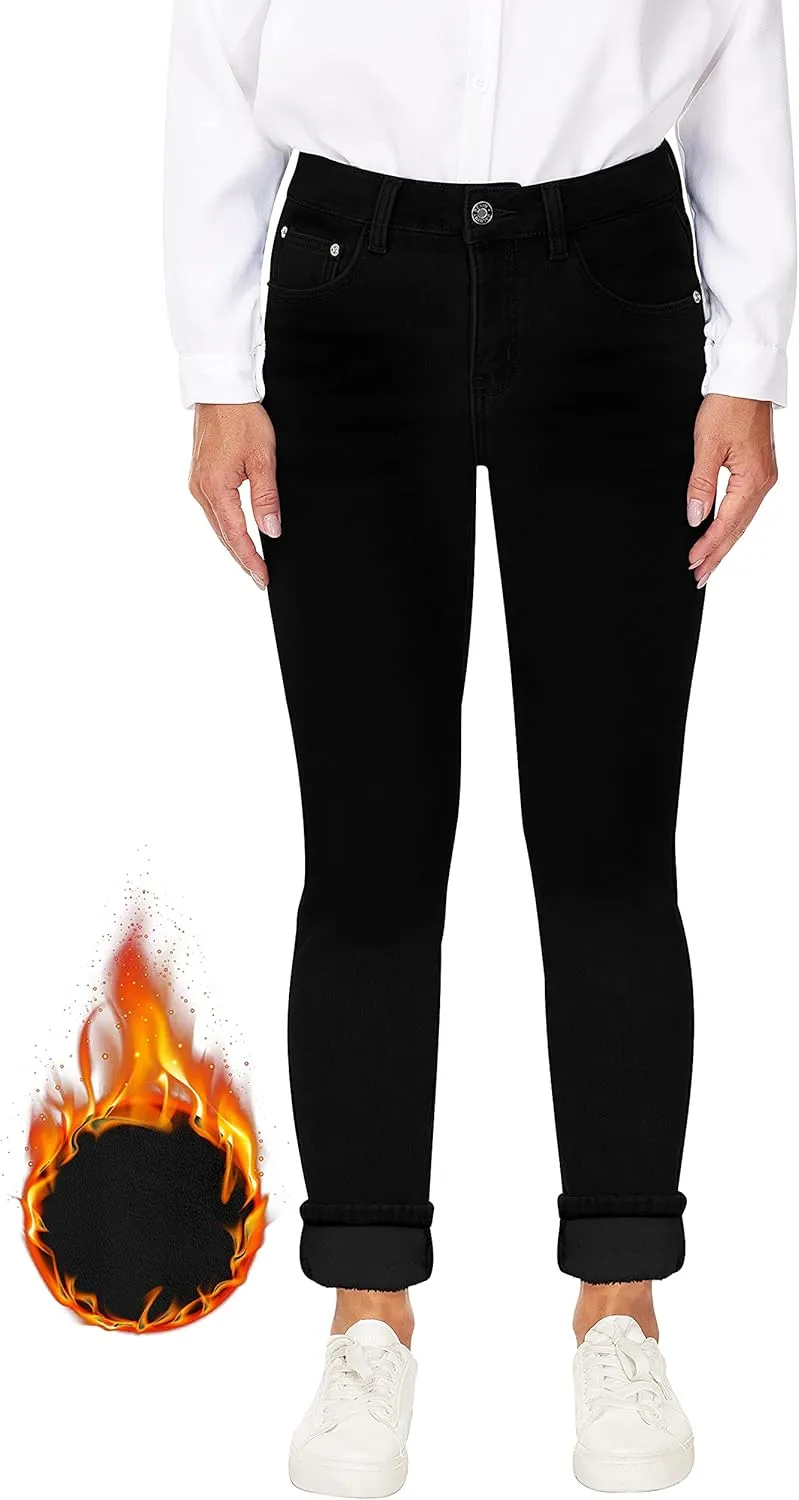 Women's Fleece Lined Jeans Thermal Flannel Lined Jeans Winter Warm Thicken Skinny Stretch Denim Pants