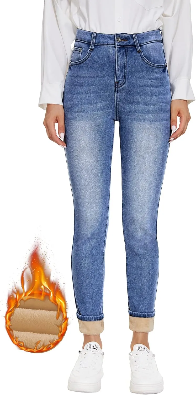 Women's Fleece Lined Jeans Thermal Flannel Lined Jeans Winter Warm Thicken Skinny Stretch Denim Pants