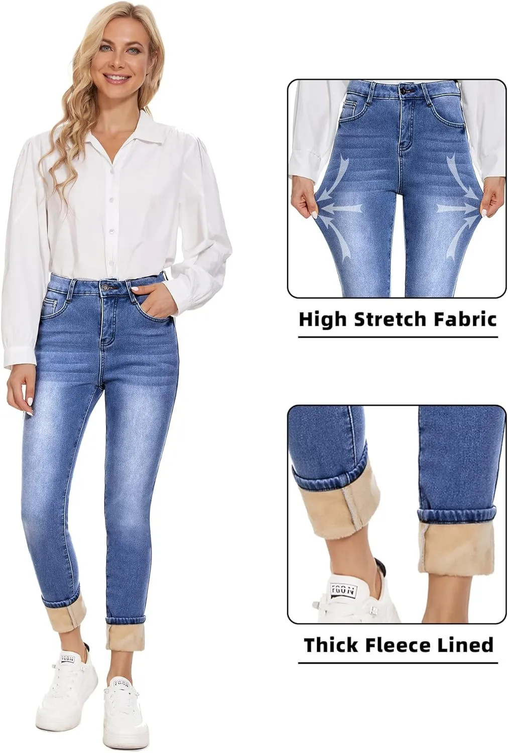Women's Fleece Lined Jeans Thermal Flannel Lined Jeans Winter Warm Thicken Skinny Stretch Denim Pants