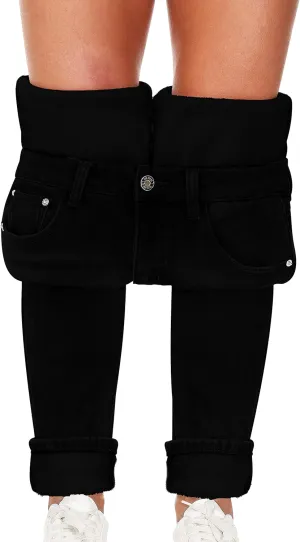 Women's Fleece Lined Jeans Thermal Flannel Lined Jeans Winter Warm Thicken Skinny Stretch Denim Pants