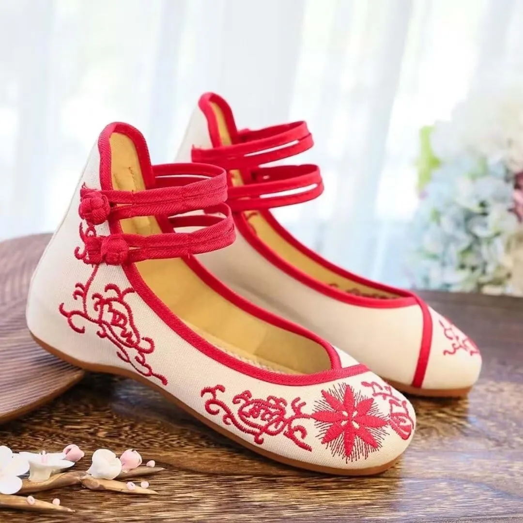 Women's Floral Flats Vintage Embroidered Shoes Mary Jane Shoes Casual Ballet Flats