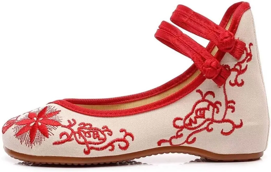 Women's Floral Flats Vintage Embroidered Shoes Mary Jane Shoes Casual Ballet Flats
