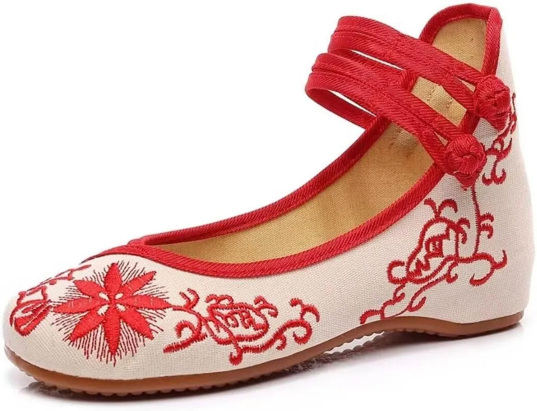 Women's Floral Flats Vintage Embroidered Shoes Mary Jane Shoes Casual Ballet Flats