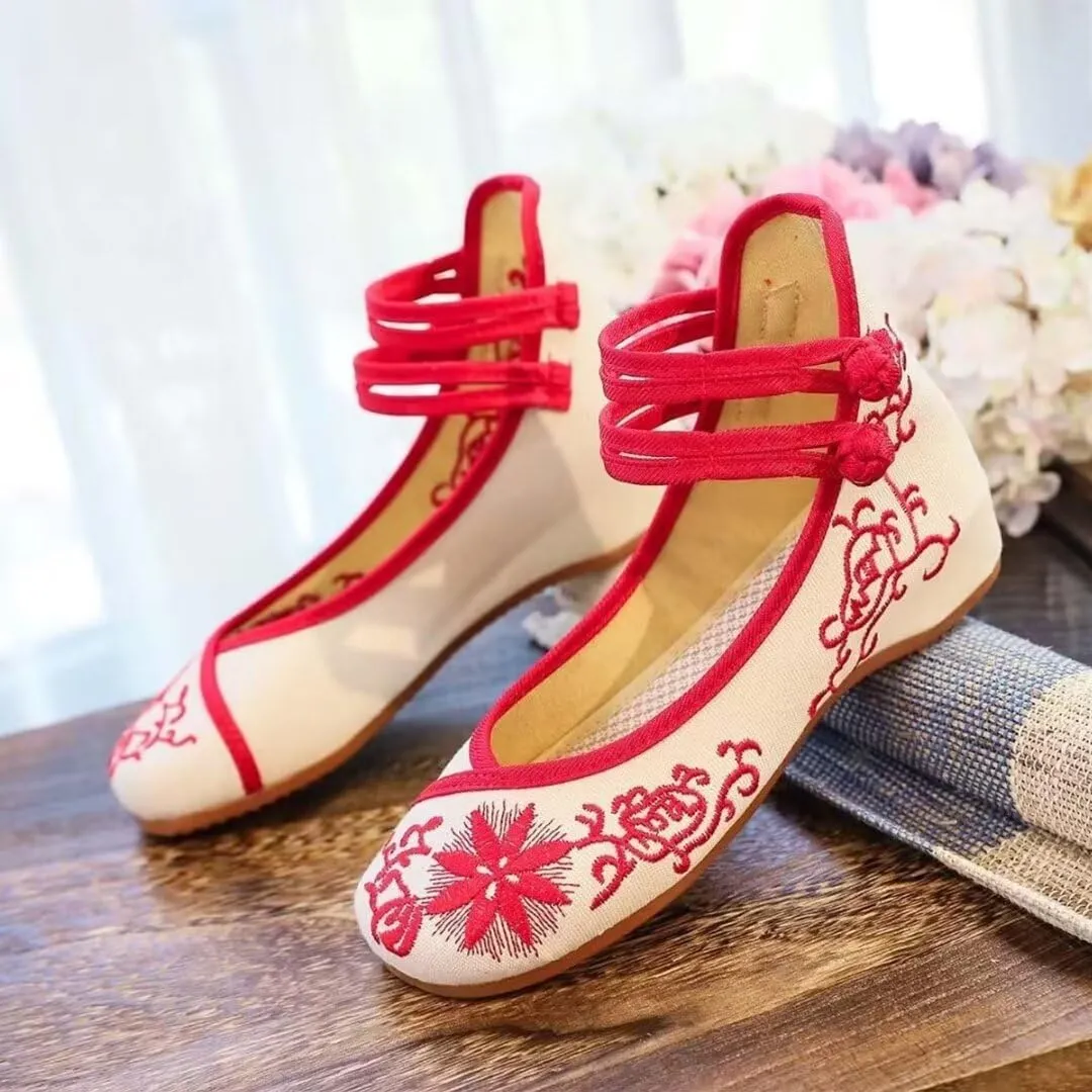 Women's Floral Flats Vintage Embroidered Shoes Mary Jane Shoes Casual Ballet Flats