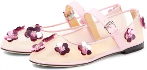 Women's Floral Mesh Mary Jane Flats Round Toe Flower Embellished Flats Buckle Strap Comfortable Sequins Flats Closed Toe Casual Dress Ballerina Shoes