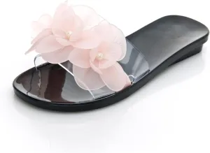 Women's Flower Transparent Jelly Slide Sandals Summer Open Toes Slip-On Flat Beach Slippers Casual Non-Slip Sandals Indoor and Outdoor