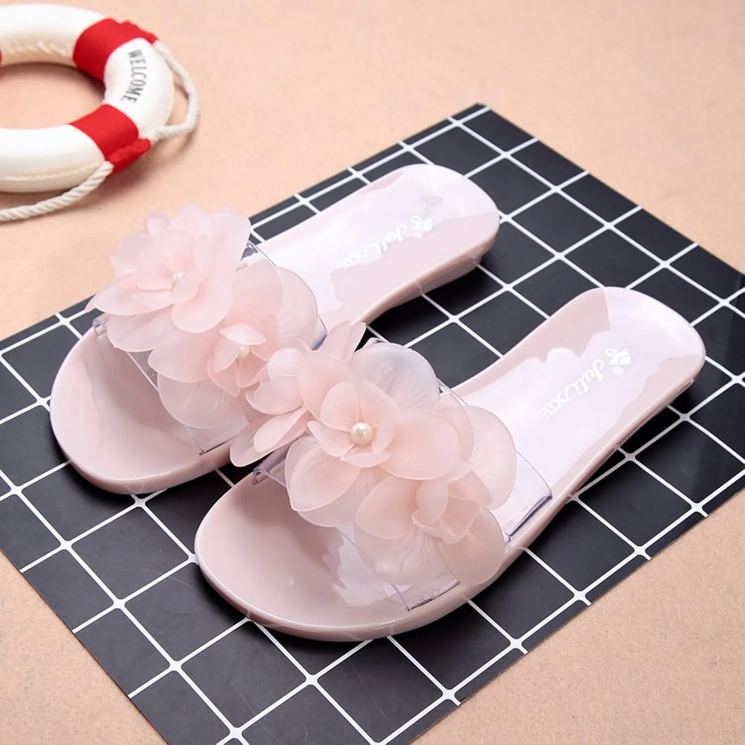 Women's Flower Transparent Jelly Slide Sandals Summer Open Toes Slip-On Flat Beach Slippers Casual Non-Slip Sandals Indoor and Outdoor