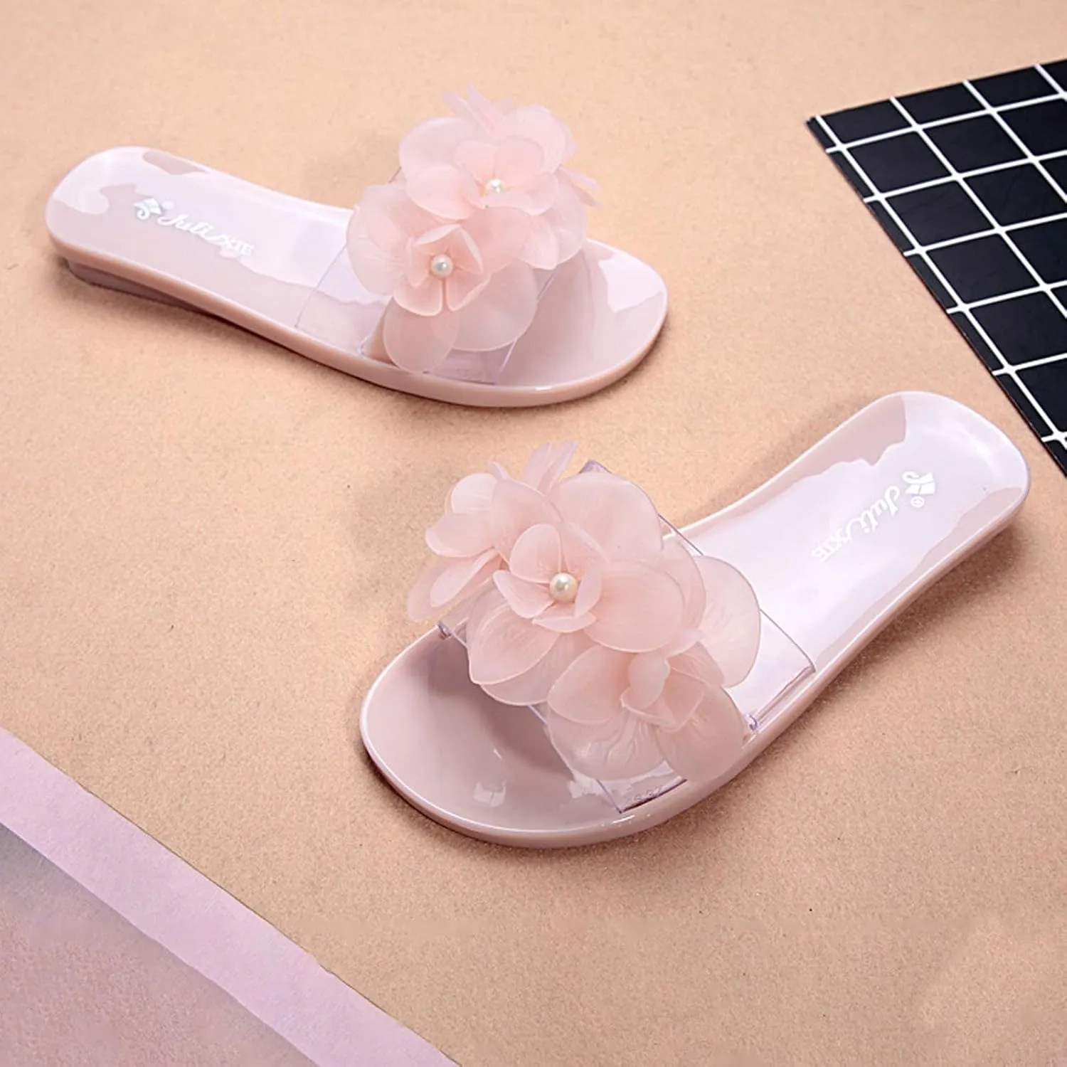 Women's Flower Transparent Jelly Slide Sandals Summer Open Toes Slip-On Flat Beach Slippers Casual Non-Slip Sandals Indoor and Outdoor