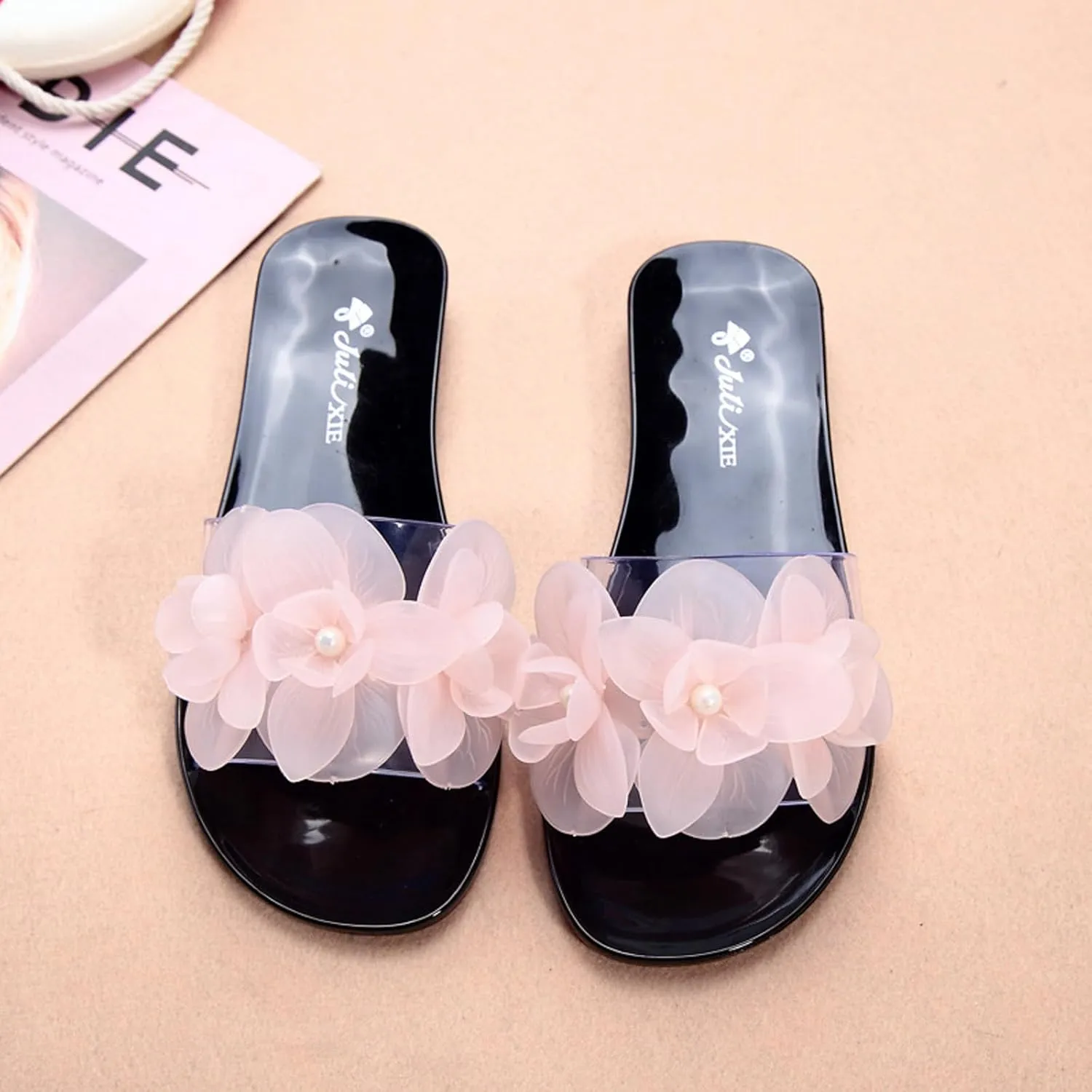 Women's Flower Transparent Jelly Slide Sandals Summer Open Toes Slip-On Flat Beach Slippers Casual Non-Slip Sandals Indoor and Outdoor